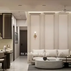 Another view from the 3D render, this time focusing on the living area. You can see the L-shaped sofa, wall mouldings with integrated sconce lights, and the stylish crockery unit in the background.