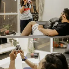 A collage showing a playful at-home activity, using a polaroid camera to create memories within memories.