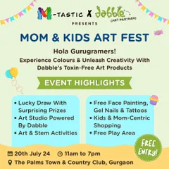 We're proud to partner with brands like Dabble PlayArt to host our Mom & Kids Art Fest. This graphic highlights the toxin-free art products and creative activities we offer, including a free Art Studio, face painting, and STEM projects.