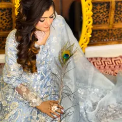 A beautiful shot of the final glam look on my model Ruhina. The soft blue outfit is complemented by a subtle pink-toned makeup with gentle waves in her hair.