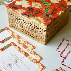 A wedding invitation sets the tone for the entire celebration. Here, we paired a custom invitation suite with a beautiful filigree box, creating a luxurious and cohesive first impression for the guests of Vinita and Parth.