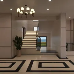This is a 3D render of a grand lobby entrance we designed. The geometric floor pattern, statement chandelier, and backlit staircase create a dramatic and luxurious welcome for guests arriving at an event.