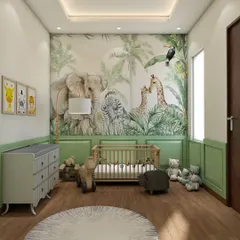 A gentle and sweet nursery room with a jungle-themed wallpaper, a classic wooden crib, and soft green wall paneling, creating a peaceful environment for a baby.