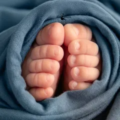 A macro shot of a newborn's tiny toes, perfectly curled and wrapped in a soft blue swaddle. These are the little details that tell the big story of their arrival.