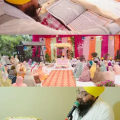 A collage from a Sikh wedding, showing the Anand Karaj ceremony and the Granthi reading from the Guru Granth Sahib. I capture the reverence and community spirit of the ceremony.