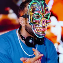 A close-up of the neon zombie mask. The details matter when creating a theme. This high-quality prop was central to the 'Zombie Apocalypse' experience I curated for the club.