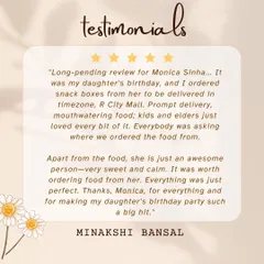 Another wonderful testimonial from a client who ordered snack boxes for her daughter's birthday. It's always my goal to make the party a hit with mouthwatering food that everyone, from kids to elders, enjoys.