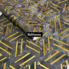 A dark charcoal grey wallpaper with a geometric pattern and gold marbling accents, perfect for a dramatic look.