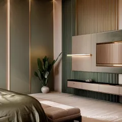 This bedroom design focuses on clean lines and subtle textures. The wall behind the media unit features alternating panels of smooth and fluted surfaces in a calming sage green, creating a minimalist yet visually interesting feature.