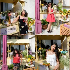 A collage showing creators enjoying the custom flower cart at the Wishlink x Flipkart event. This interactive station allowed guests to create their own beautiful bouquets to take home.