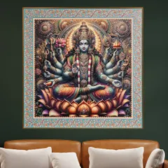 This stunning wall art of Maa Lakshmi is created with a fabric embossing technique that gives it a unique three-dimensional texture. Framed and ready to hang, it represents prosperity and divine grace for your home.