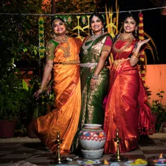 A happy Pongal celebration with friends. This photo shows different styles of rental jewellery, from grand bridal sets to simpler pieces perfect for guests and family members.