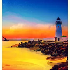 A digital painting of a serene coastal scene with a lighthouse at sunset. I used Procreate to create the vibrant colors of the sky and the calm, reflective water.