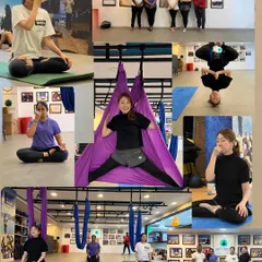 This collage captures the blend of practices in our training. We move from grounding pranayama on the mat to the freedom of flight in the aerial hammock, ensuring a holistic learning experience.