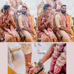 Capturing the joyous and candid moments of a South Indian wedding ceremony. The couple is surrounded by our decor featuring beautiful pink lotus varmalas and traditional seating.