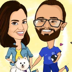 A close up view of the digital caricature, highlighting the detailed work on the faces and the charming inclusion of their fluffy companion.