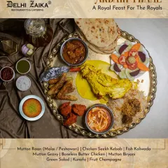 Behold the Akbari Thaal, a royal feast designed for sharing with 4-6 people. It features a grand selection including Mutton Raan, Chicken Seekh Kebab, Boneless Butter Chicken, and Mutton Biryani, making you feel like true royalty.