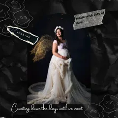 This portrait combines a dreamy, angelic theme with a modern scrapbook aesthetic. The mother-to-be is captured in a beautiful white gown with shimmering golden wings, representing a moment made with lots of love.