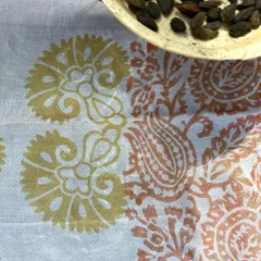 Indian Madder and Myrobalan are two traditional ingredients we often use for our natural dyes. Their mellow, earthy tones are prepared by our team in fresh batches for our workshops and production.