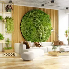 An example of a circular indoor vertical garden concept, designed to be a focal point in a contemporary living space. These installations bring a powerful dose of nature indoors, creating a calm and refreshing atmosphere.