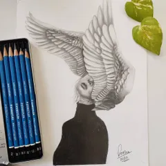 A surrealist graphite portrait of a woman with large angel wings covering her head. This piece combines realism with imagination.