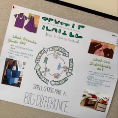"Small choices make a big difference." This student-made poster beautifully illustrates the cycle of textile recycling and redesign, showing what brands and individuals can do to reduce waste.