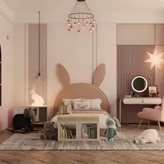 A soft and whimsical bunny-themed room perfect for a young child. The custom headboard with bunny ears is the star of the show, complemented by pastel colors, a star-shaped light, and plenty of plush toys.