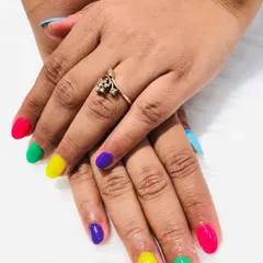 A playful and colorful set with each nail painted a different bright, solid color. Perfect for summer or anytime you want a happy vibe.