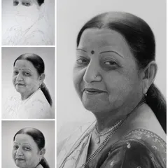 The process shots of a portrait, showing how the drawing is built up in layers from a simple sketch to a fully detailed and expressive face.