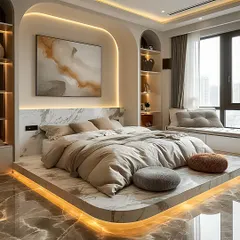 This master bedroom is a perfect example of a serene retreat. I used a floating platform bed with under-lighting, a marble accent wall, and built-in arched shelving to create a space that feels both grand and calming.