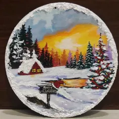 Capturing the magic of a white Christmas on a slice of wood. This piece, with its snowy cabin and decorated tree, shows the beautiful, detailed artwork we create during my festive Christmas workshops.