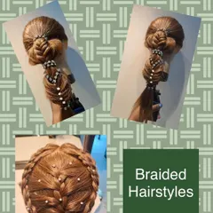A display of intricate braided hairstyles on a mannequin. These styles show complex weaving techniques and are decorated with small pearls for an elegant finish.