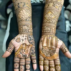 Love, laughter, and a little one on the way. This custom baby shower mehndi celebrates the parents-to-be with portraits and cute baby-related motifs.