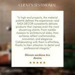 A client testimonial from Shivam Sardana of Arc Dezine. He speaks to our ability to deliver products that reflect craftsmanship, innovation, and elegance for high-end projects.