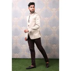 A male model in a stylish off-white Jodhpuri jacket, shot for a men's ethnic or formal wear brand.