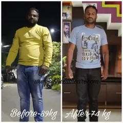 Before and after: Mr. Devraj's 15 kg fat loss journey. He went from 89 kg to 74 kg, reversing high cholesterol and blood pressure along the way. This transformation was achieved with a mix of home workouts and gym training, proving our online coaching is effective and adaptable.