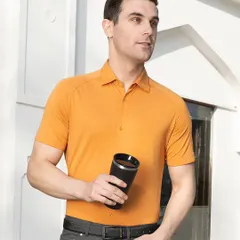 A medium shot of a model in an apricot shirt, looking off-camera in a bright, outdoor setting. This type of image provides a clear view of the product in a natural, relatable context for customers.