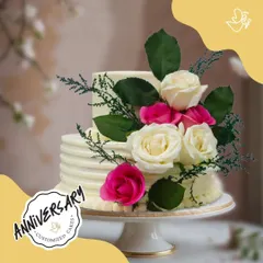 Celebrating Mr. and Mrs. Verma's anniversary in Chhatarpur with this beautiful two-tier floral cake. The fresh white and pink roses add a touch of natural elegance to their special day.