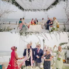 The wedding mandap set against the sea, with family from across the world gathered to witness the union. This is what it looks like when two families and two cultures come together in a stunning destination like Thailand.
