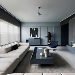 This living room from our 'A Hint of Azul' project demonstrates how partitions can define space without enclosing it. A curved, slatted partition separates the living and dining areas, allowing natural light to filter through while seamlessly integrating the HVAC system. The cool grey palette is punctuated by strategic hints of blue, creating a calm yet dynamic environment.