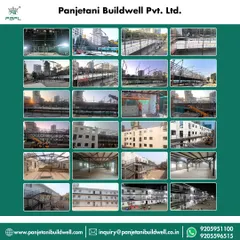 This collage documents the entire construction journey of the Leighton India project. It shows the transformation from the initial steel framework to the completed, multi-story prefabricated building.