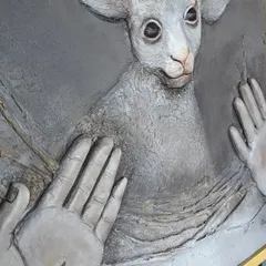 A close-up of my textured mural, 'The Lost Sheep'. You can see the depth and detail I create with modeling paste before painting. This technique allows me to craft art that has a physical presence and tells a story through its surface.