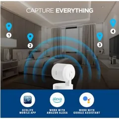 This graphic illustrates the expansive coverage of our indoor positional camera. It can monitor multiple points in a room and works with Amazon Alexa and Google Assistant for voice-activated control, making it a central part of your smart home security.