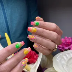 A vibrant and playful design with neon gradients, polka dots, and line art, perfect for a fun summer look.