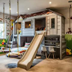 We bring imagination to life with this custom-built treehouse bunk bed. This design is more than just a place to sleep; it's a complete play area with a slide, swings, and an integrated study desk, making it the ultimate dream room for kids.