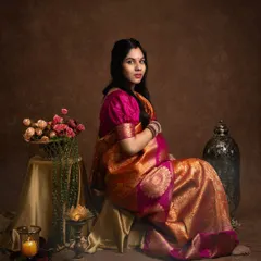 A portrait that feels like a timeless painting. The rich colors of the saree, the soft candlelight, and her serene expression come together to create a truly artistic memory.