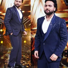 Singer Mohd. Danish looking dapper on the set of Super Star Singer 3 in our navy blue tuxedo with sparkling shoulder embellishments.
