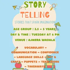 This flyer details our Storytelling class for ages 2.5-5, focusing on building vocabulary, confidence, and language skills through puppets, teamwork, and crafts.