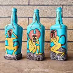 Hear no evil, see no evil, speak no evil. I painted this classic trio of monkeys on a set of upcycled glass bottles, giving them a vibrant and modern twist. They serve as a fun, colorful reminder of a timeless lesson.