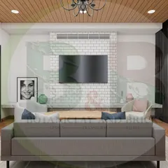 A 3D concept for a transitional living room. This design blends classic and contemporary elements, featuring a white brick-textured TV wall, a warm wood-paneled ceiling, and modern furniture for a balanced and inviting feel.